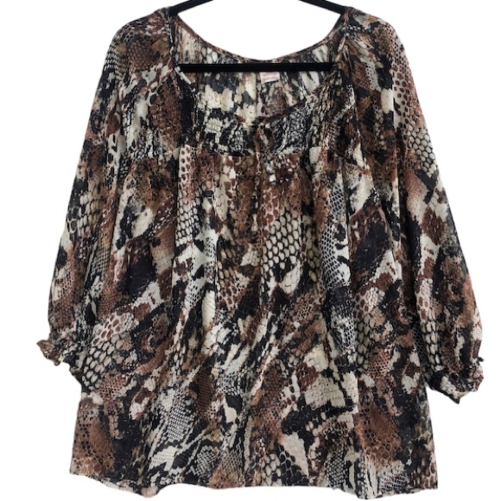 Snakeskin animal print semi sheer poet blouse 3X